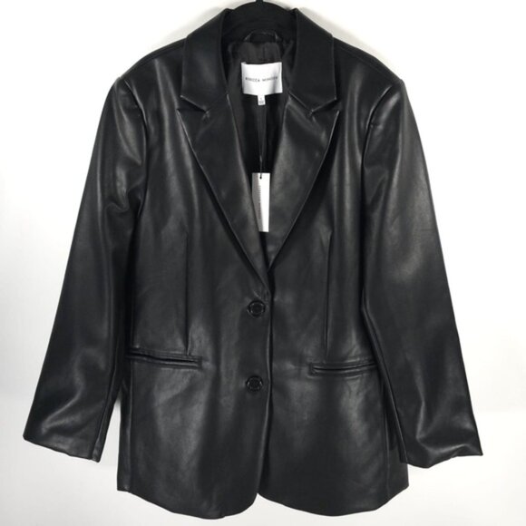 NWT REBECCA MINKOFF BLACK Faux Leather Blazer Jacket 2 Button & Pockets Sz M & L - Picture 4 of 13